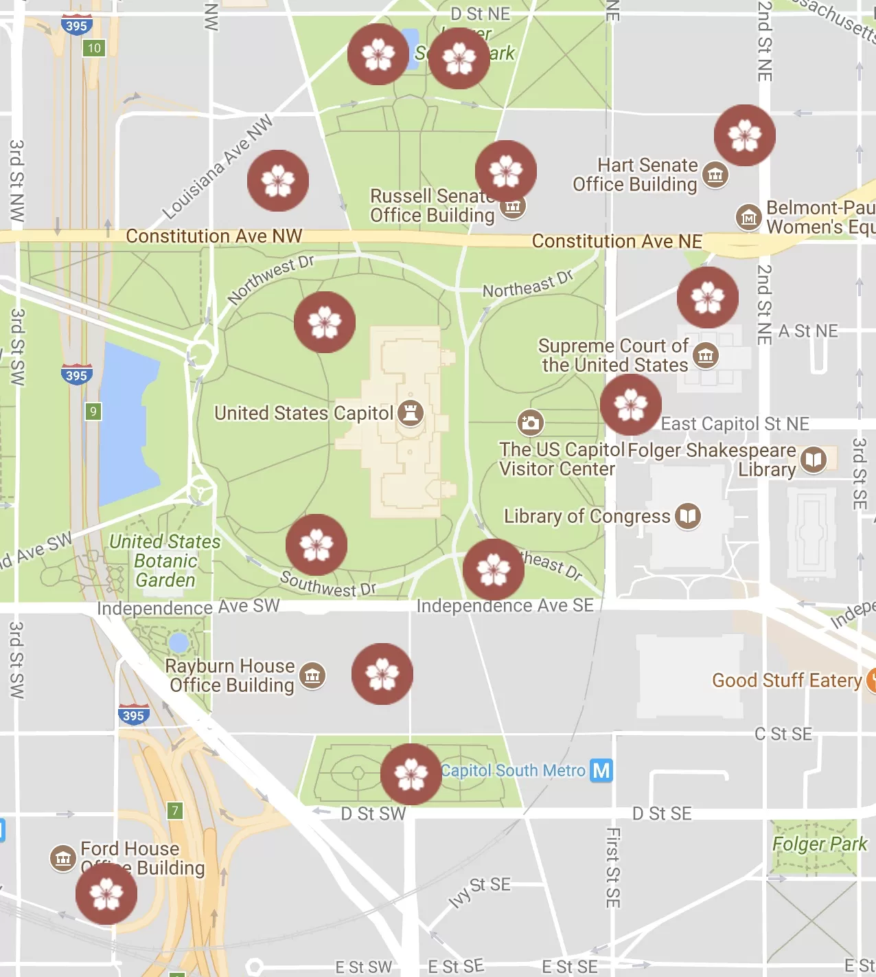Map of cherry tree groups found on the U.S. Capitol campus.